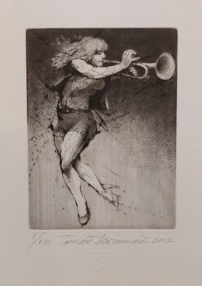 Hřivnáč Tomáš: Trumpetistka (Exlibris)