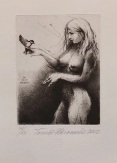 Hřivnáč Tomáš: S ptáčkem (Exlibris)/(Dívka a sýkorka)